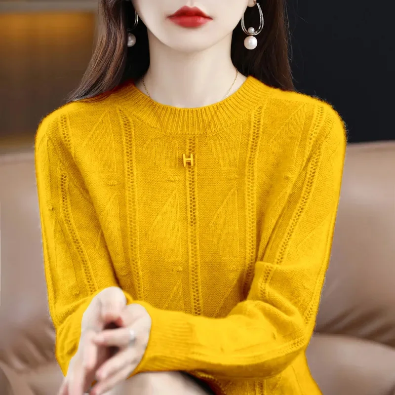 2024 New Cashmere Basic Top Long Sleeve Women O-Neck Knitted Sweater 100% Pure Merino Wool Pullover Clothing Knitwear