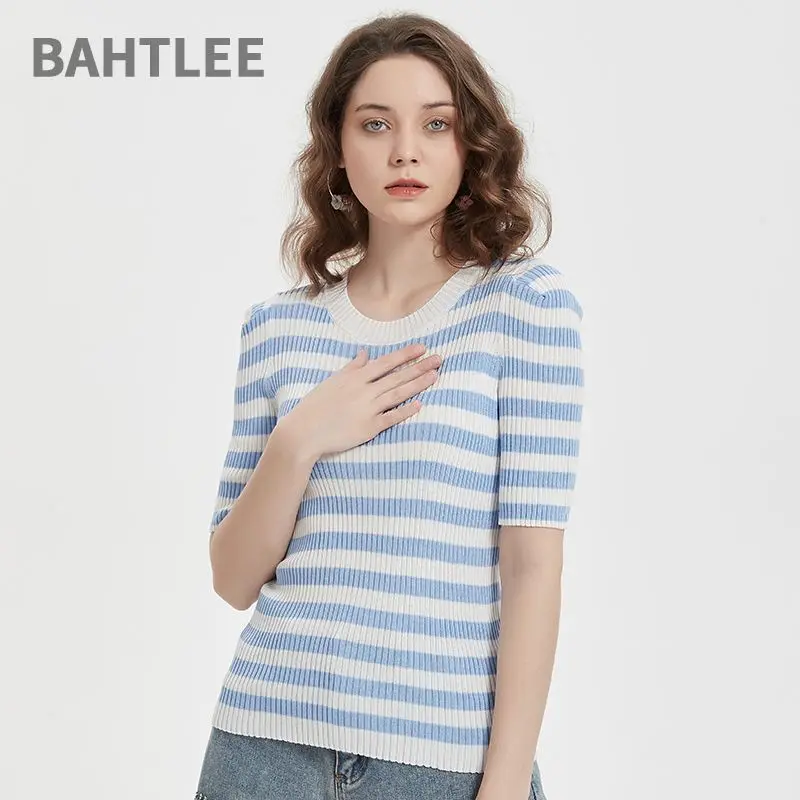 BAHTLEE-Women's 100% Lyocell Striped Slim O-neck Sweater, Elastic Knit Pullover, Preppy Style, Short Sleeve, Summer