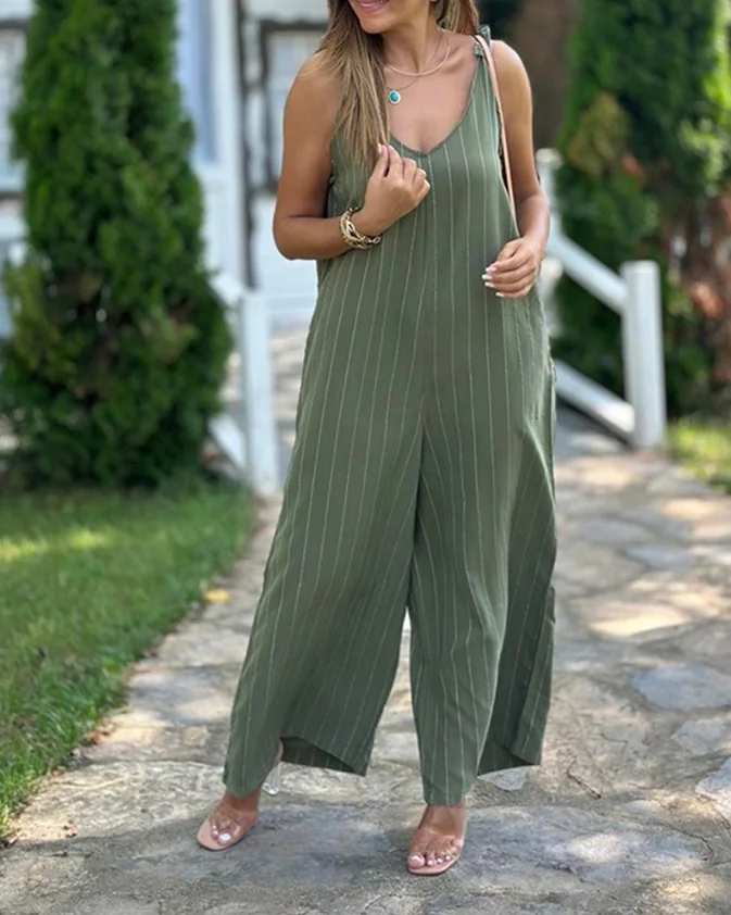Women's Striped Print Jumpsuits Summer Fashion Women V Neck Shoulder Tied Detail Jumpsuit Female Casual Wide Leg Loose Romper