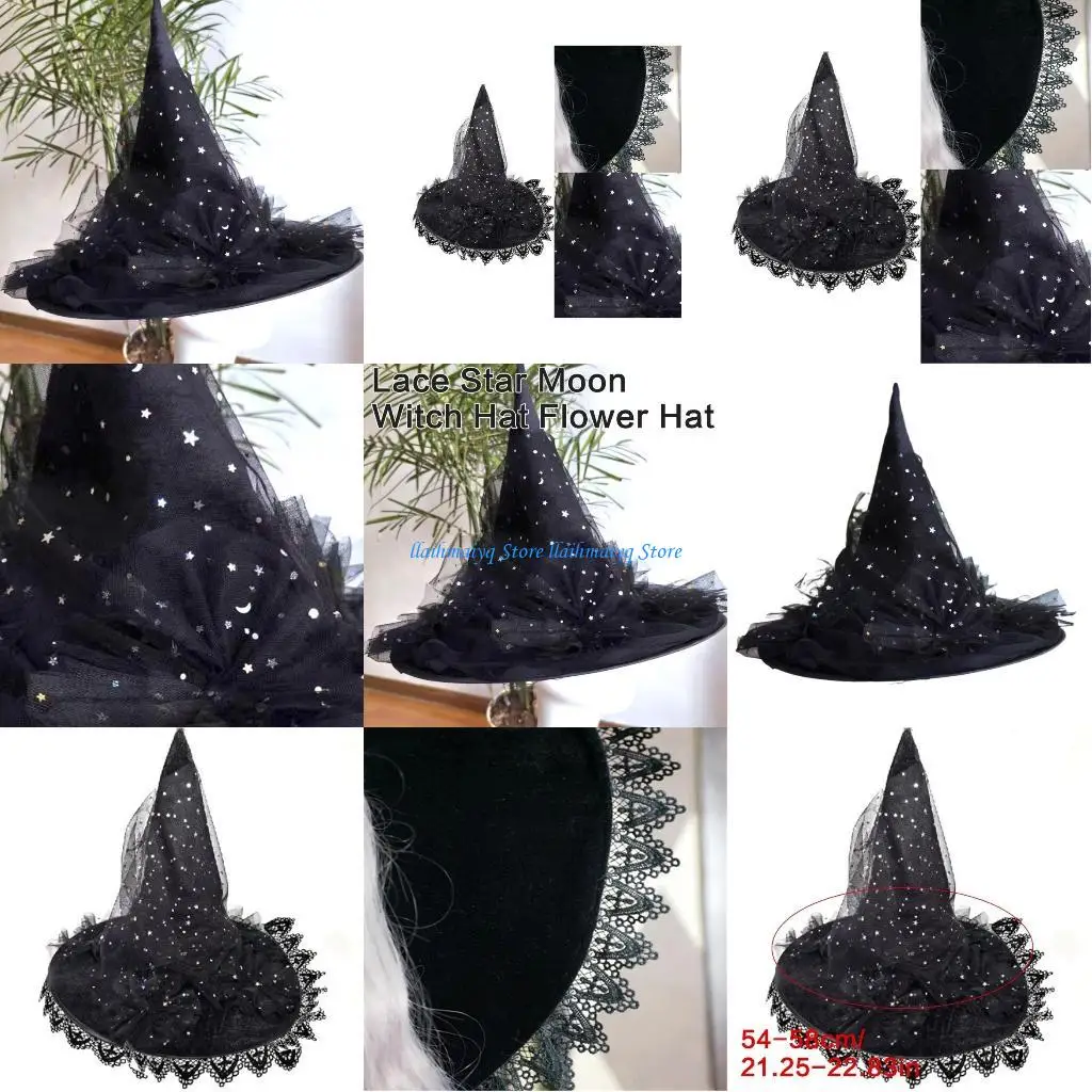 

573B Halloween Witch Hat for Cosplay Lace Trim Wizard Hat Adult Star Witch Hat Costume Pointed Hat Festival Holiday Supply