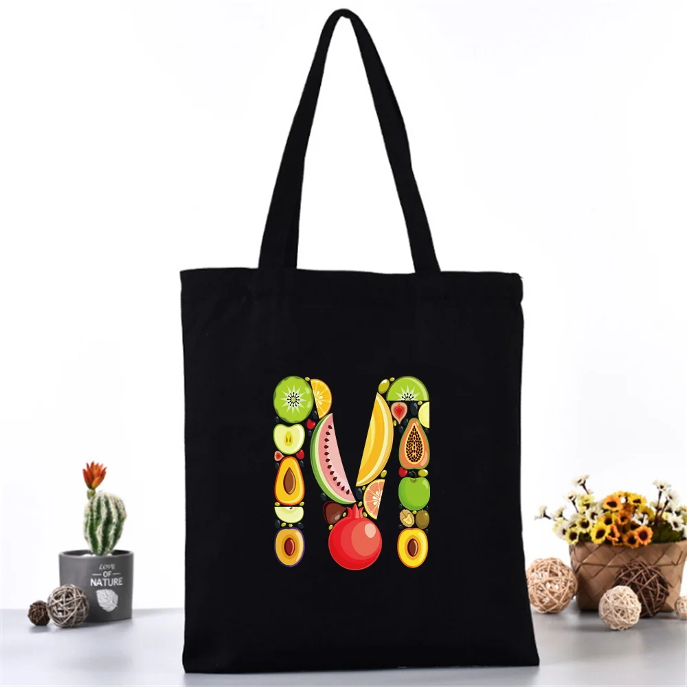 Shopping Bag Women Handbag Shoulder Bags Ladies Canvas Handbags Reusable Commute Large Capacity fruit Letter Print School Tote