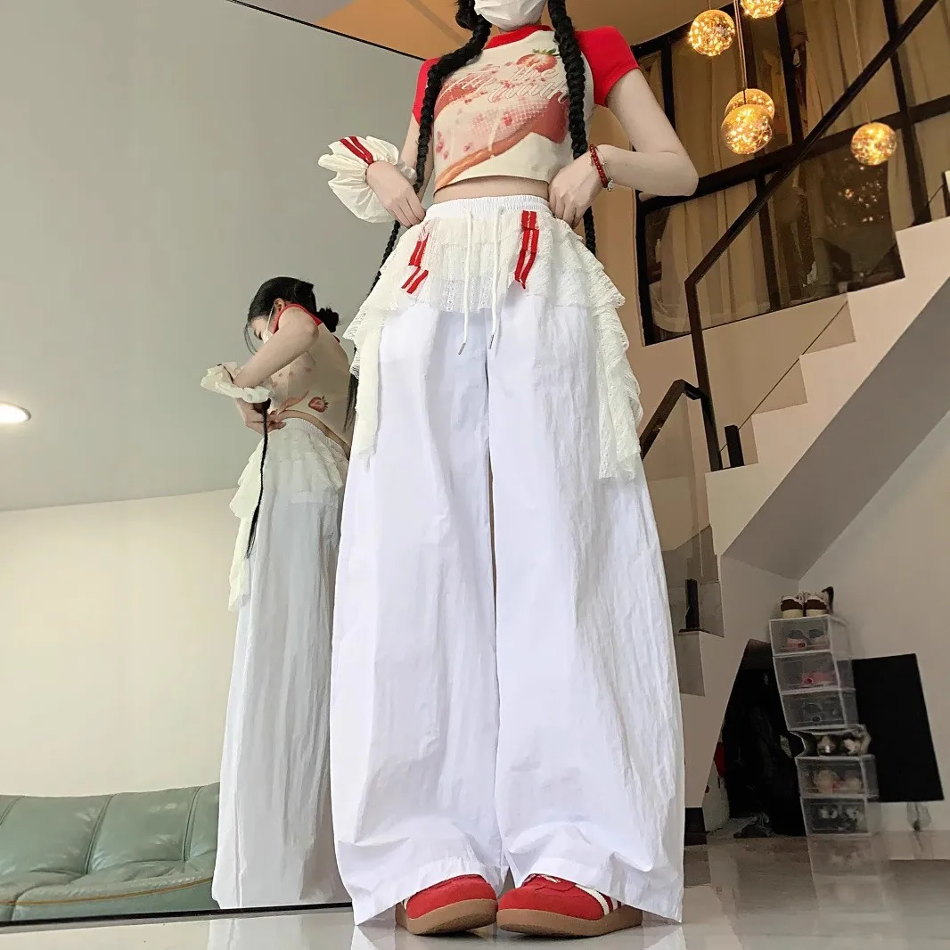 

Lace Trim Casual Pants Loose Fit Dance Spor Trousers for Women Summer Layering Qui Dry Straight Leg Trousers