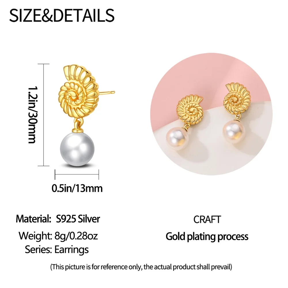 Gorgeous 925 Sterling Silver Gold Conch Pearl Earrings For Women's Beach Play Fashion Jewelry Accessories