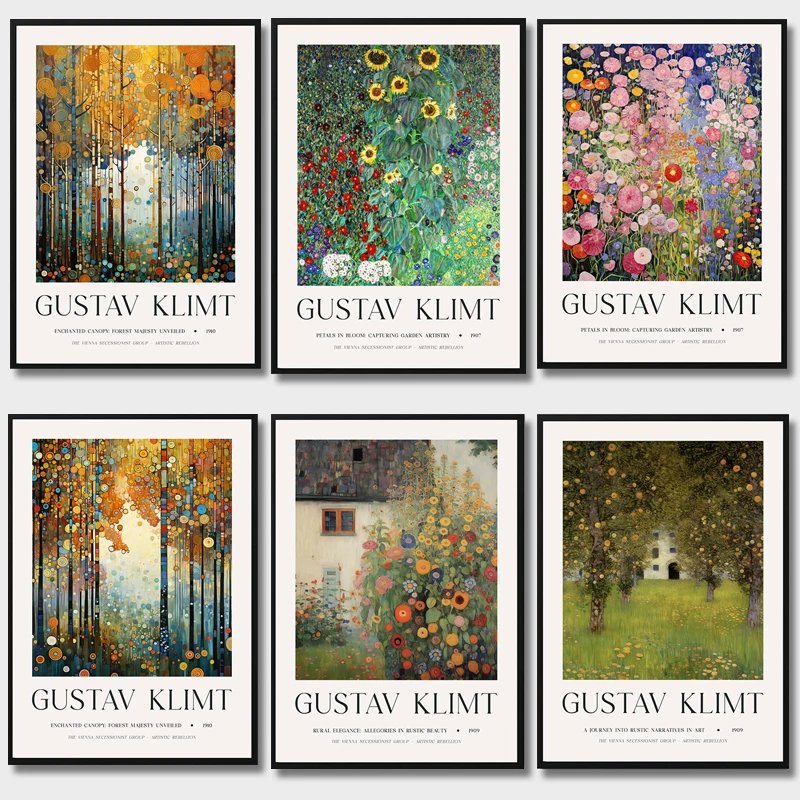 Gustav Klimt Print Poster Exhibition Canvas Painting, Flower Garden  Colorful Tree Cat for Living Room Home Decor Cuadros