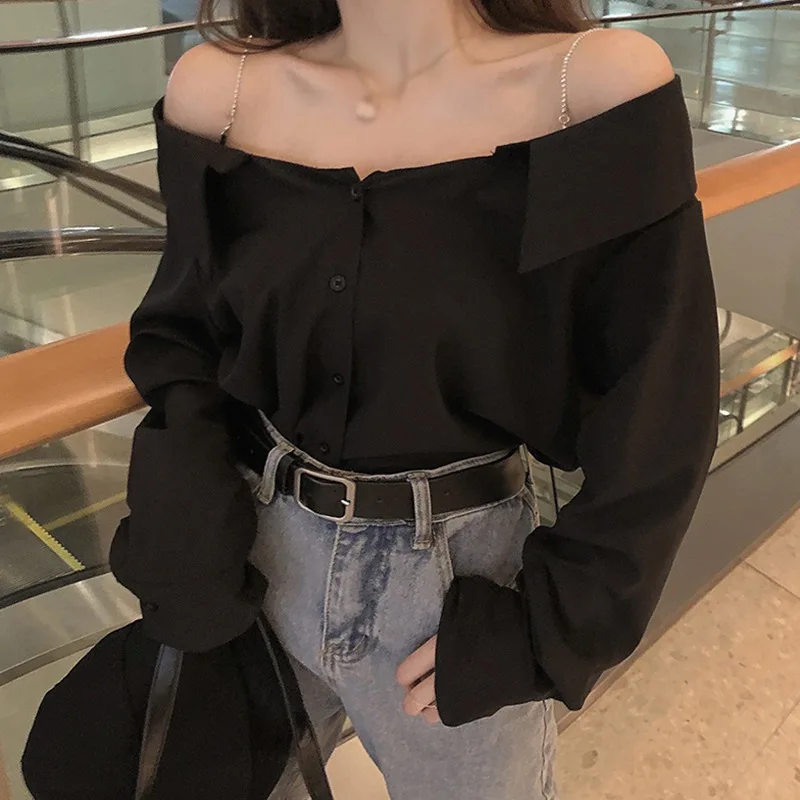 Women Shirts Off Shoulder Blouse Summer Tops Casual Straps Button Loose Long Sleeve Solid Sexy Blouse Top