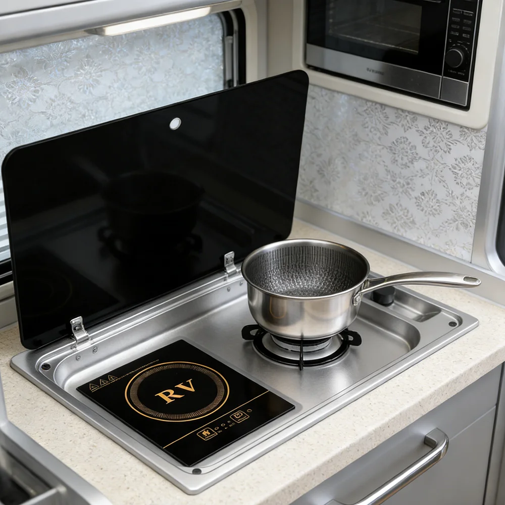 

304 Stainless Steel Built-in RV Gas Burner & Induction Cooktop for Camper Van Motorhome Caravan & Boat Kitchen Combo