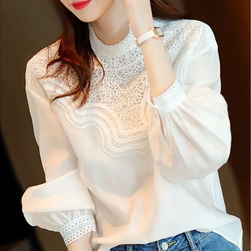 Female Clothing Stand Collar Blouse Commute Solid Color Spring Autumn Long Sleeve Stylish Korean Lace Hollow Out Spliced Shirt