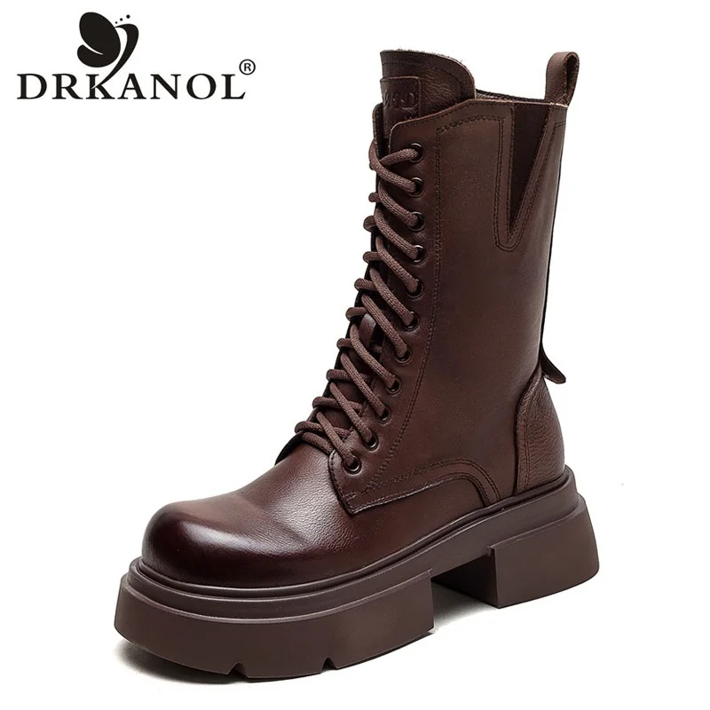 DRKANOL Autumn Winter Women Mid Calf Boots Handmade Thick High Heel Platform Warm Boots Ladies Street Style Cow Leather Boots