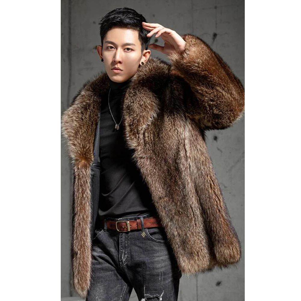 Denny&Dora Men Raccoon Fur Coat Brown Leather Jacket Mid-Length Coat