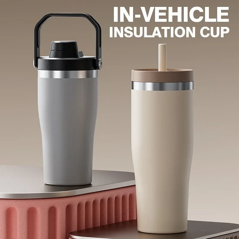600/850ml Stainless Steel THERMOS CUP With Handle And Straw,2 types of Lids,Double-layer Vacuum Drinkware,Car Thermal Coffee Mug