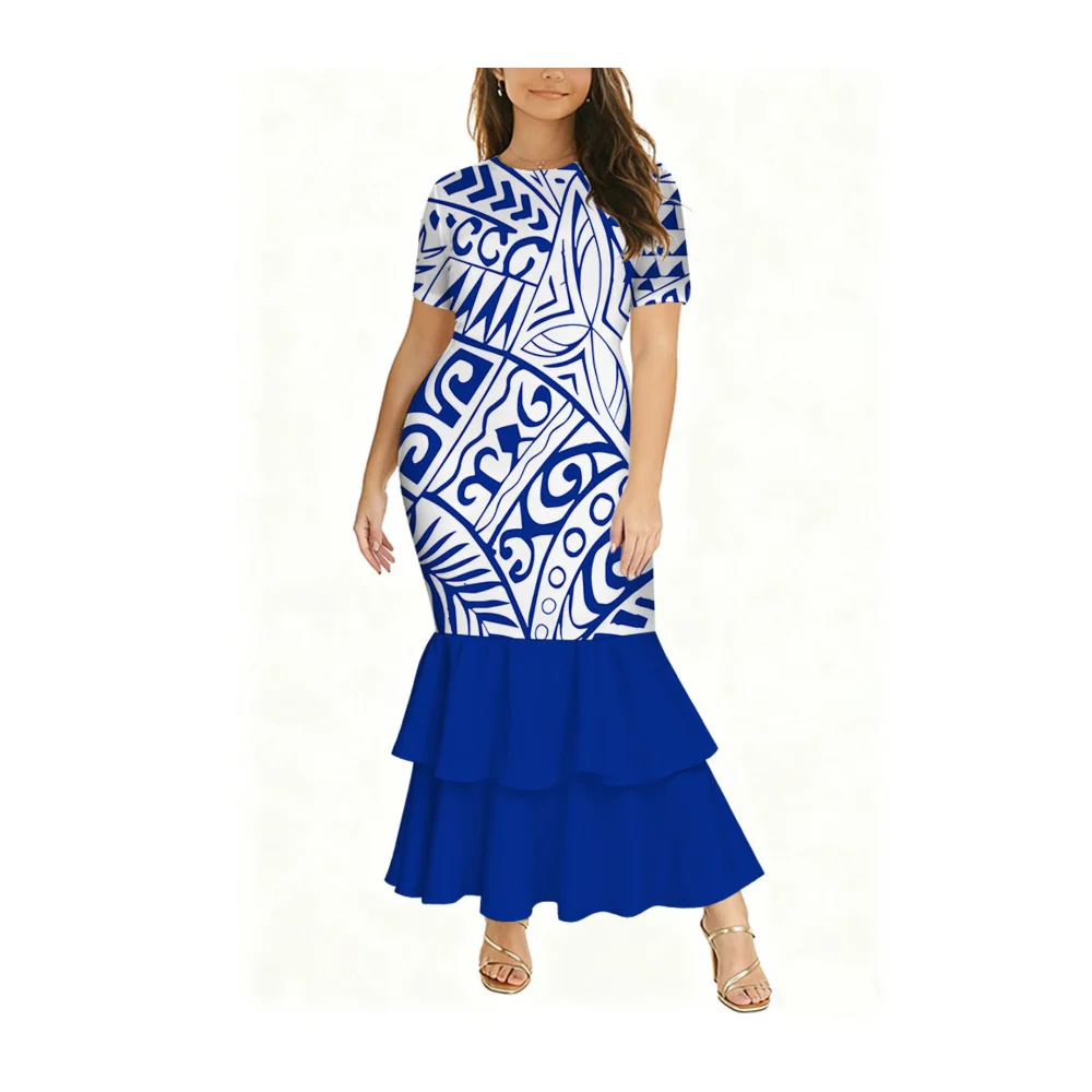 فستان ذيل السمكة برقبة دائرية وأكمام قصيرة مناسب للنساء فستان حفلات عالي الجودة مصنوع حسب الطلب من بولينيزيا