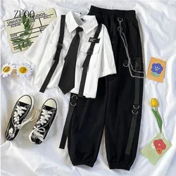 Summer New Two Piece Sets Women Outfits Korean Loose Short Shirts Single Breasted with Tie + Chain Cargo Pants High Waist Pocket