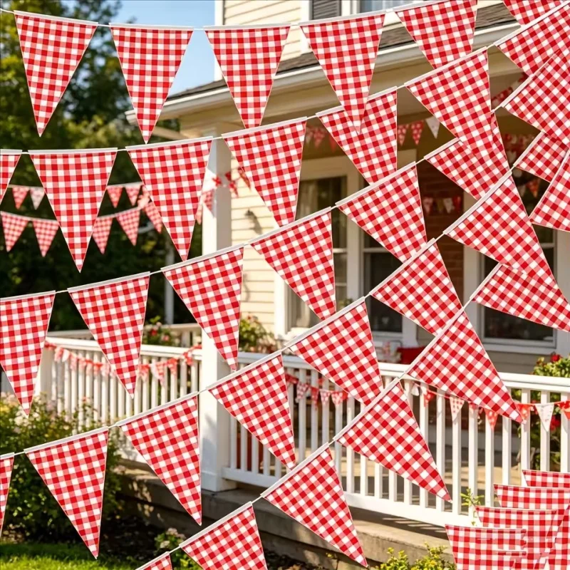 12 banderoles à carreaux rouges et blancs de 30 m, guirlande de fanions en papier pour décorations de mariage et de fête à thème pizza