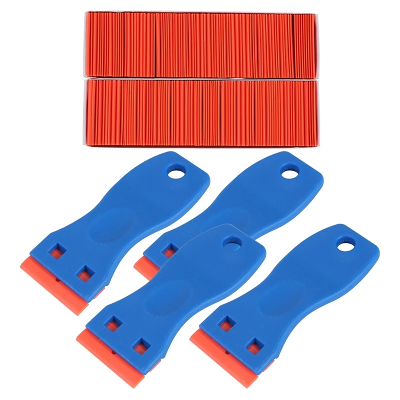 

4 Pcs Plastic Razor Blade Scraper And 200 Pcs Blades, Remove Label Decal Tool For Stickers, Gaskets And Paints On Window