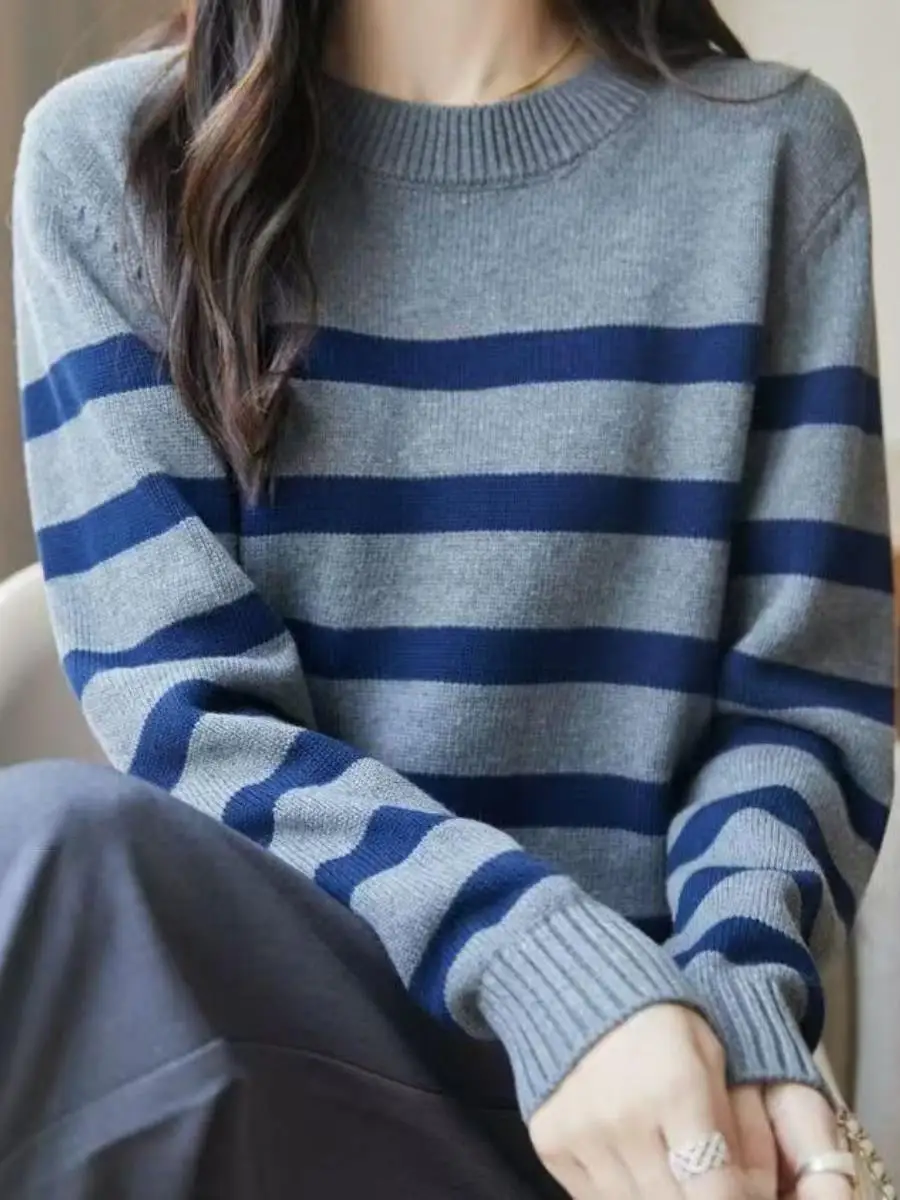 

Женский круглый вязаный свитер, свободный базовый слой, осень-зима, модный полосатый цвет, блузка, дизайн, внутренняя одежда