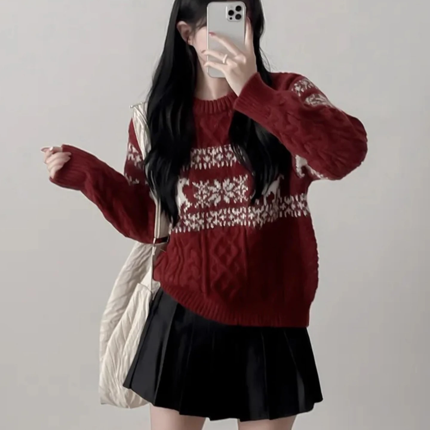 Cisas 鹿柄ニットセーター レディース ラウンドネック プルオーバー ソフトで心地よい 秋冬 ファッション スリム ヴィンテージ スタイル