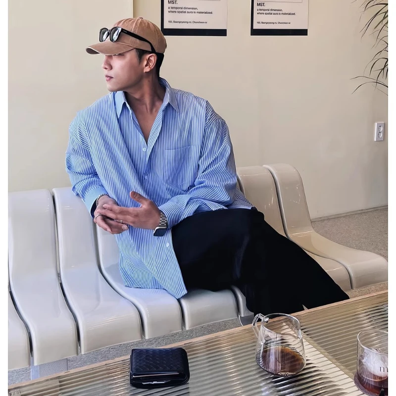 Oversized Men\'s Blue Vertical Striped Long-Sleeved Shirt, Korean Style High Quality Casual Shirt Coat, Travel ,Hiking