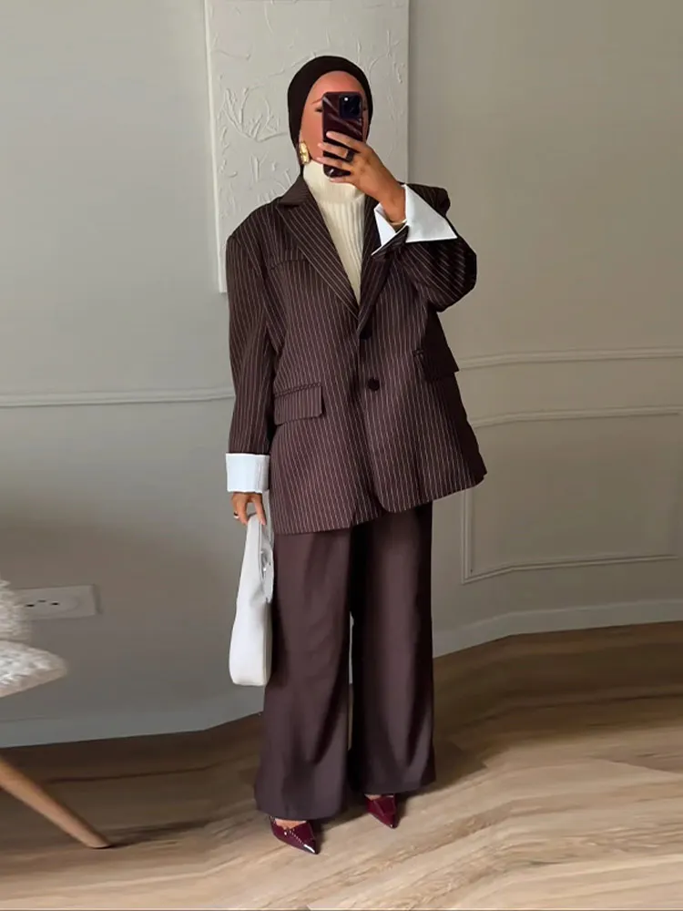 Elegantní pruhované sako Y2K pro ženy, podzim/zima 2025, dlouhý rukáv, kabát, dámské ležérní jednořadé dámské svrchní oblečení - náhled 4