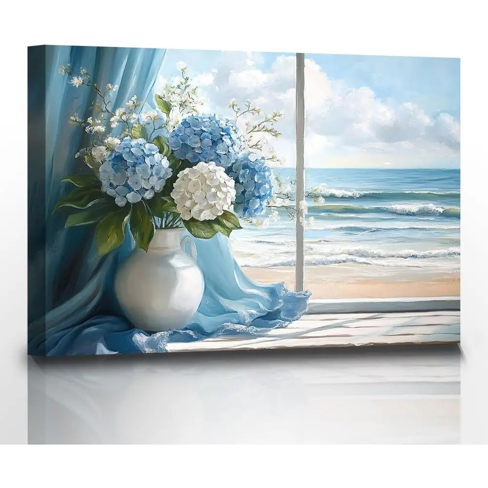 

Beach Seaside Scenery Wall Art, Hydrangea Bouquet Canvas Print, Rustic Bathroom Decor, 36x24 Inches