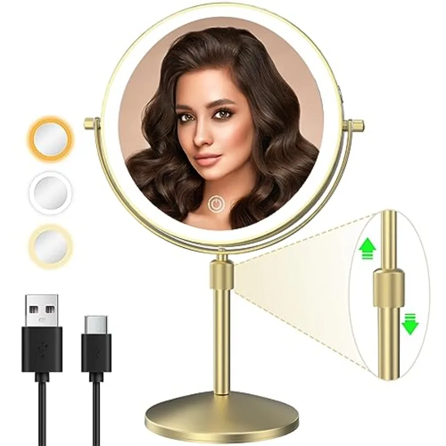 

8" Lighted Makeup Mirror, 1X/10X Magnification Mirror with Lights, Double Sided Dimmable Mirrors, Rechargeable and Brightness a