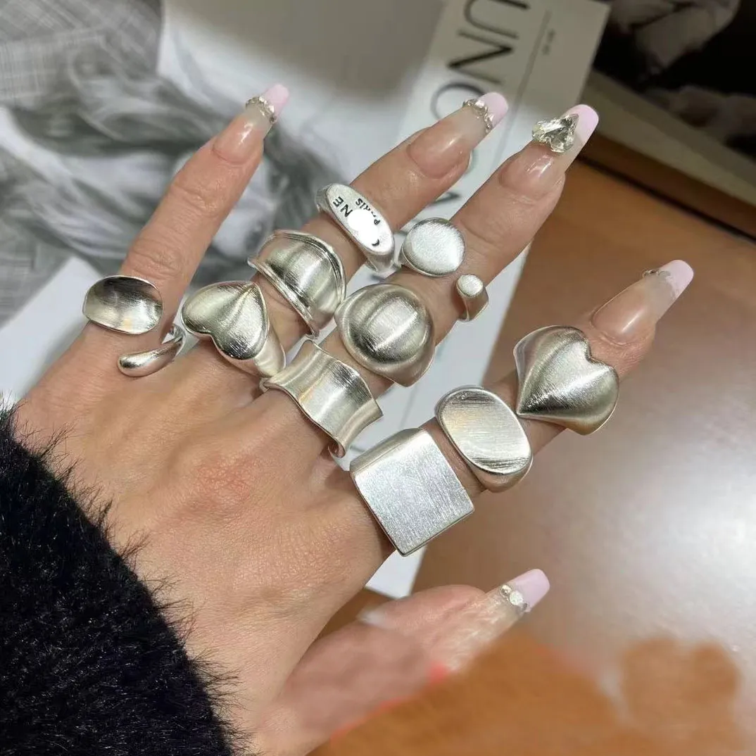 Anelli brillanti a cuore geometrici in argento Sterling 925 per le donne semplici regali di coppia di anelli fatti a mano regolabili aperti di moda coreana