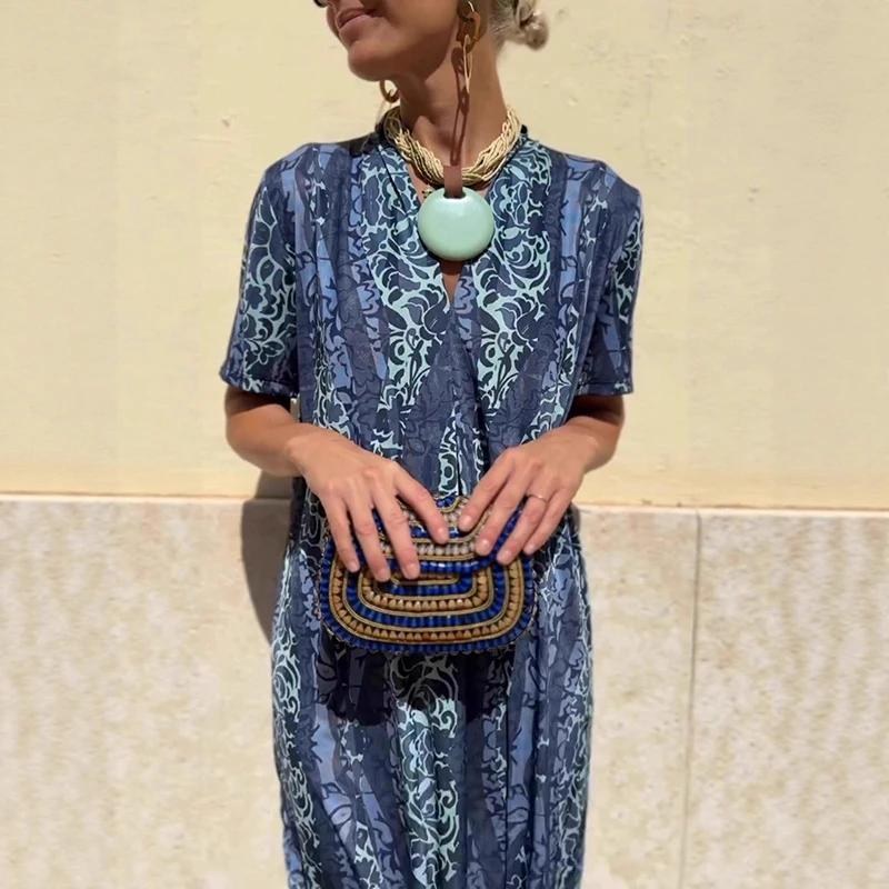 فستان بلوفرات بأكمام قصيرة مطبوع بنمط عتيق فستان صيفي جديد فضفاض برقبة على شكل حرف v فستان أنيق للسيدات غير رسمي للتنقل فستان طويل