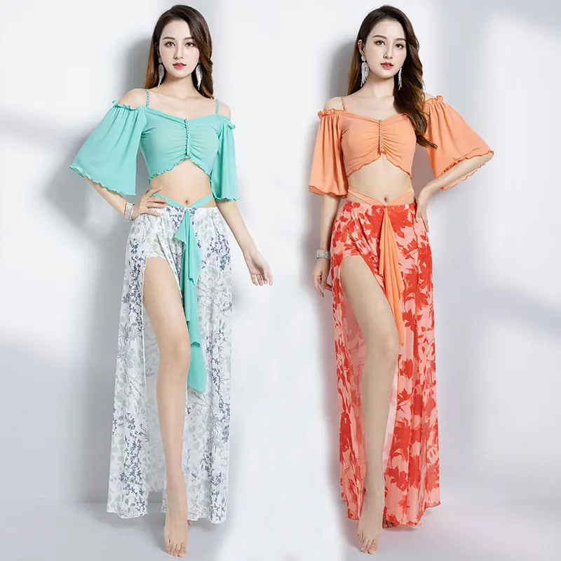 

Belly Dance Suit Printing Mesh Top Short Sleeves Split Skirt Practice Clothes Set Female Elegant Performance Clothing Summer