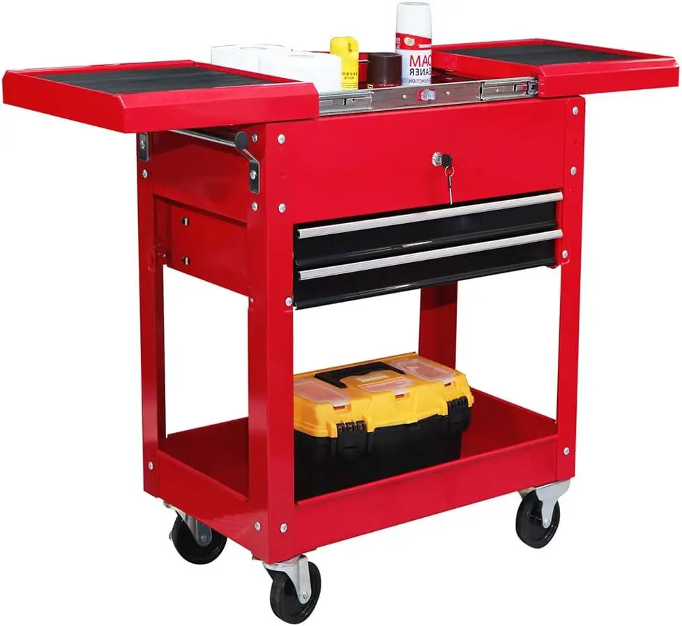 HPDMC Steel Tool Service Utility Push Cart with Lockable Drawers & Sliding Top 2-Drawer Garage Rolling Storage Tool Chest