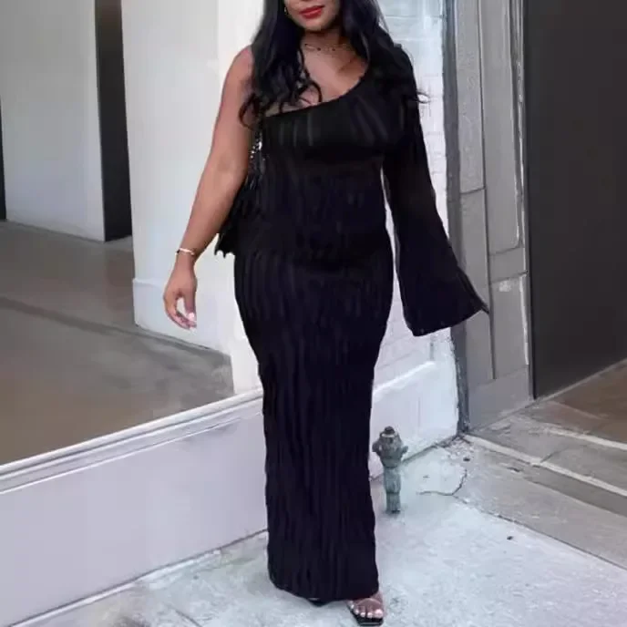 無地の長袖ドレス,単色,ハイウエスト,夏服,tk048