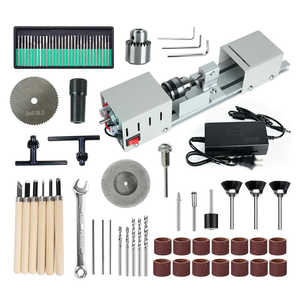 Mini tour à bois avec kit d'accessoires complet, vitesse réglable 12-24V, outil rotatif pour perles de Bouddha DIY, travail du bois, meulage, polissage, perçage, découpe, pour loisirs créatifs