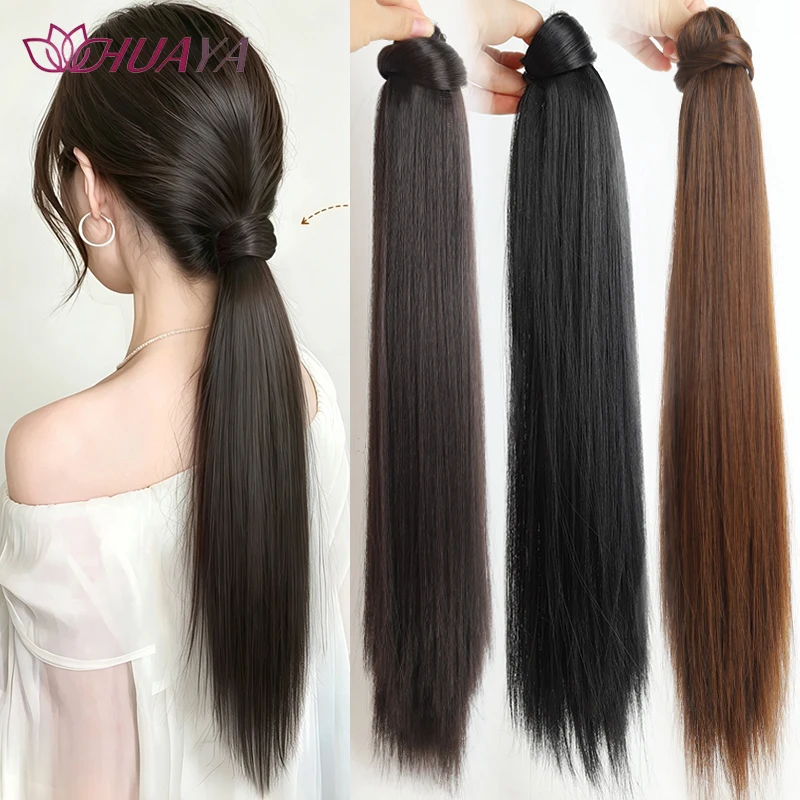 20 Inch Synthetic Wrap‑around Straight Ponytail Pre‑wrapped Edge Clip‑in Hair Extension For Women