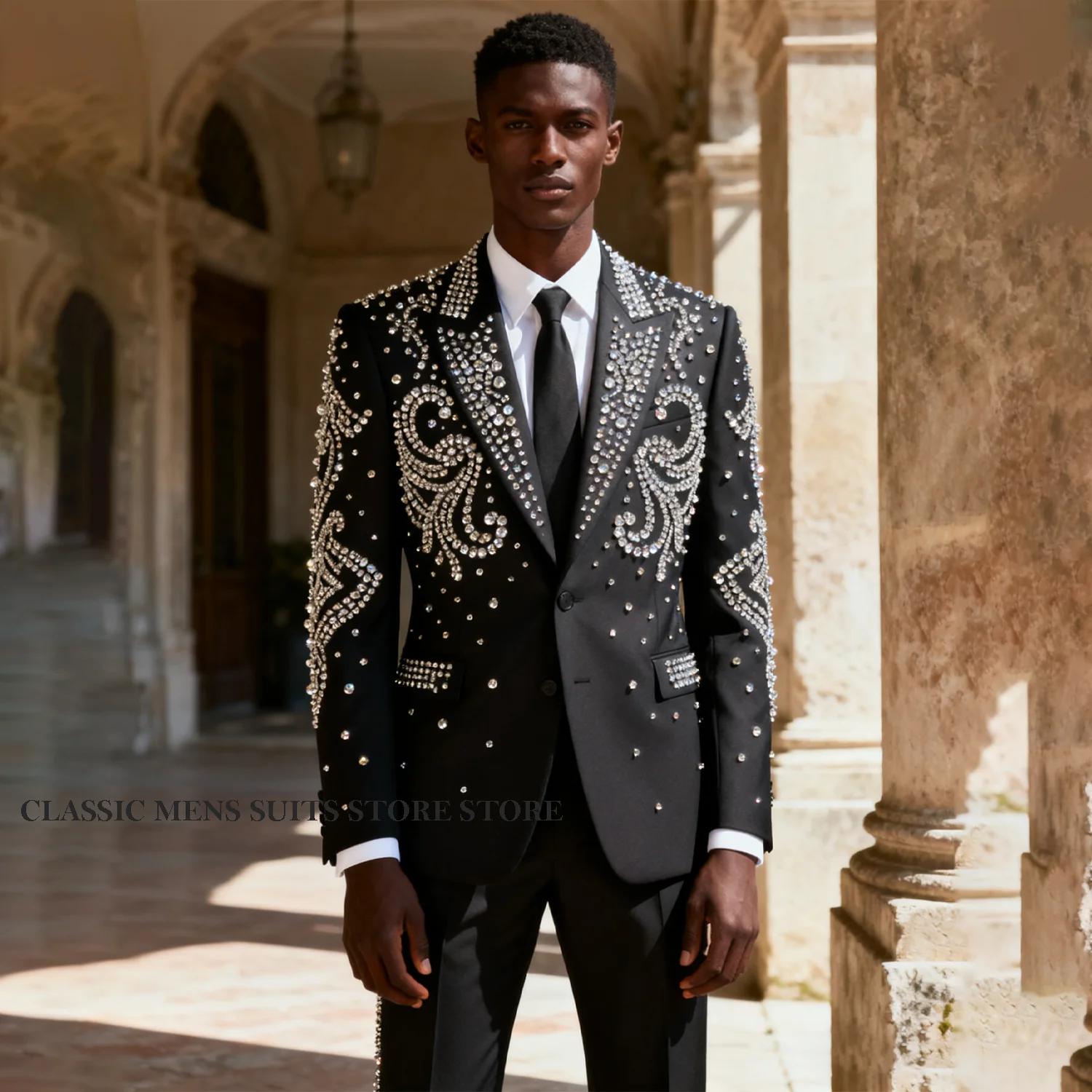 

Роскошные мужские костюмы с металлическими украшениями, комплекты из 2 предметов, вечерние индивидуальные пиджаки для выпускного вечера, костюм Homme Weddinmg, облегающие смокинги для жениха