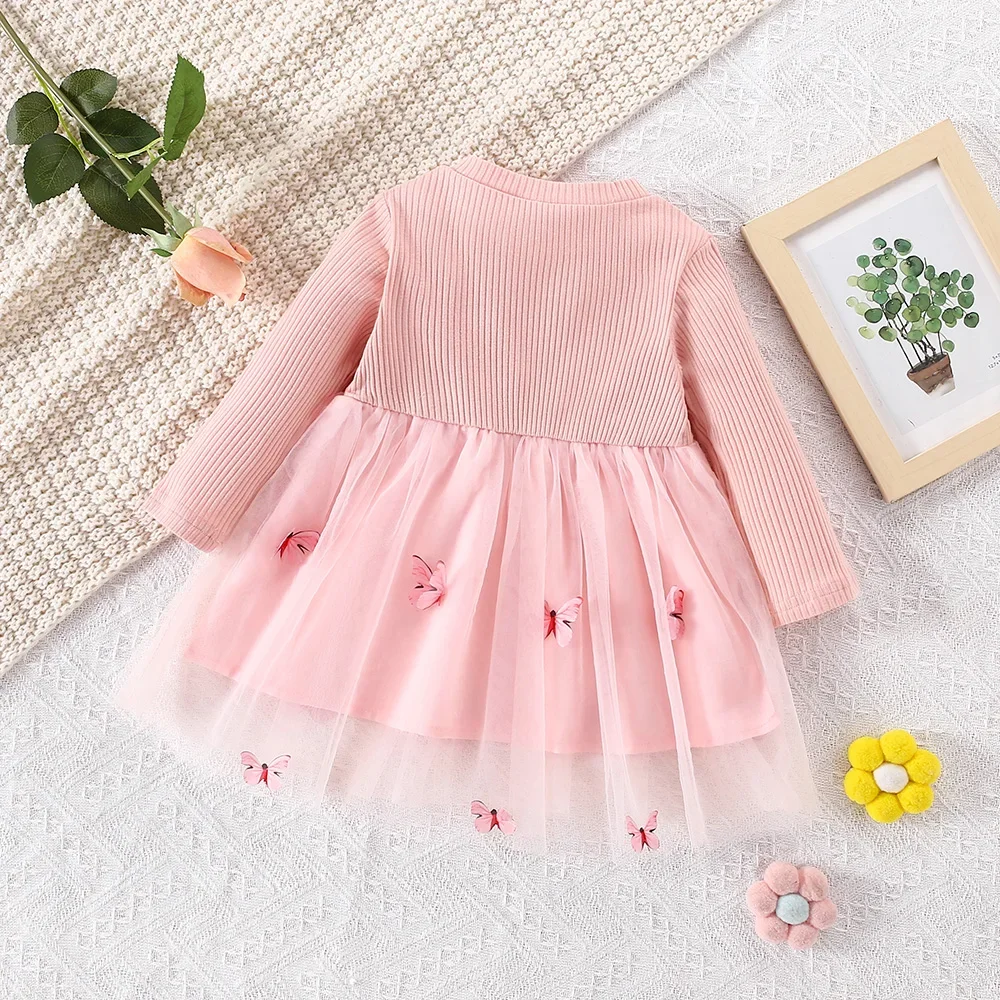 (0-3 years old) Autumn new girls dress round neck long sleeve bow mesh dress butterfly pattern Birthday party team dress solid\\