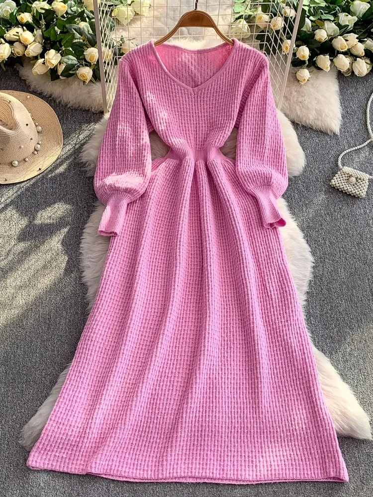

Sexy Pink V-neck Long Lantern Sleeve Knitted Sweater Dress Women Autumn/Winter Dresses New Skinny Elastic High Waist Maxi Dress