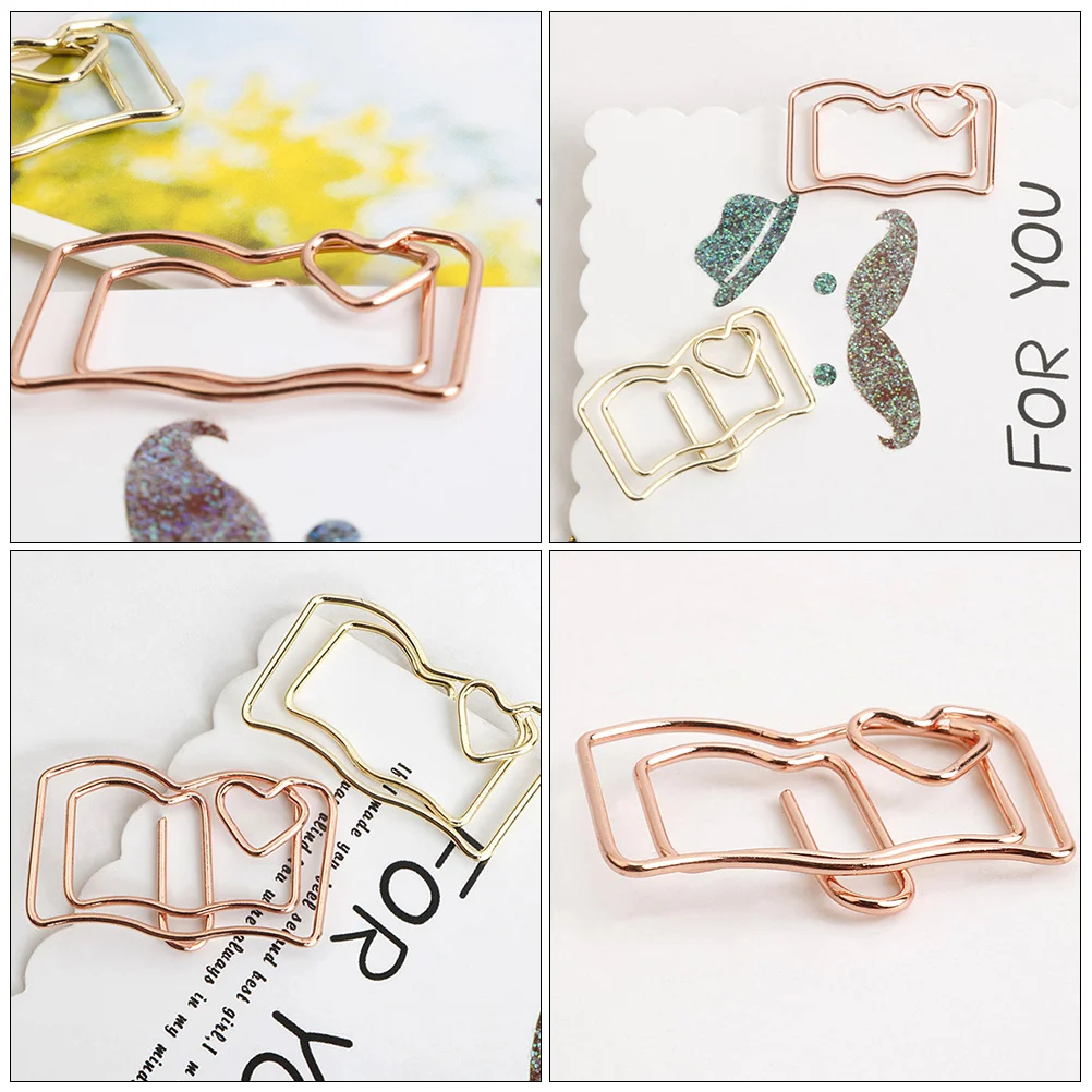 20 Pcs Scrapbooks Shaped Paper Clip Office Supplies Memo Clamps Photo Clips Bookmark Folder Ticket Holder Golden Heart Funny