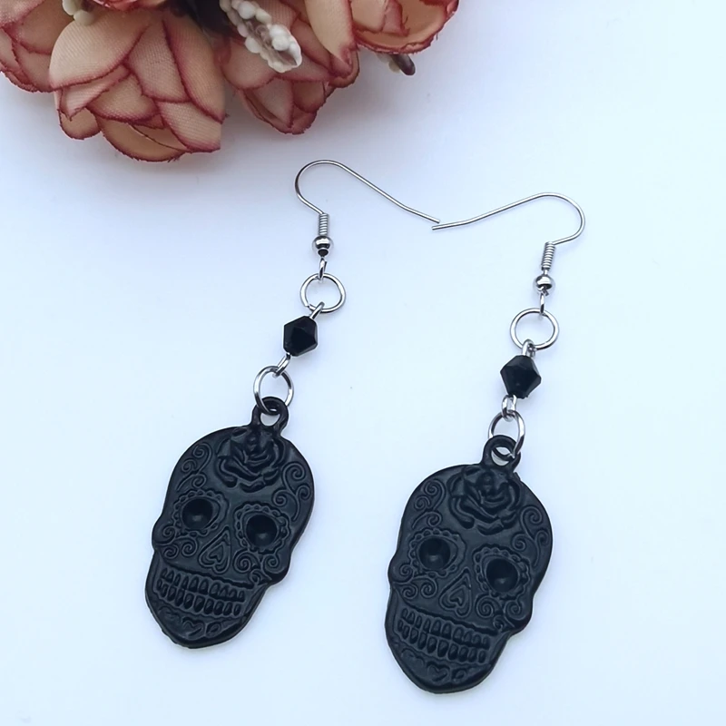 Punk Rock Skull Blood Red Drop Earrings Mustang Floral Design Skull Earrings Oorbellen Women's Resort Jewelry Party Favors