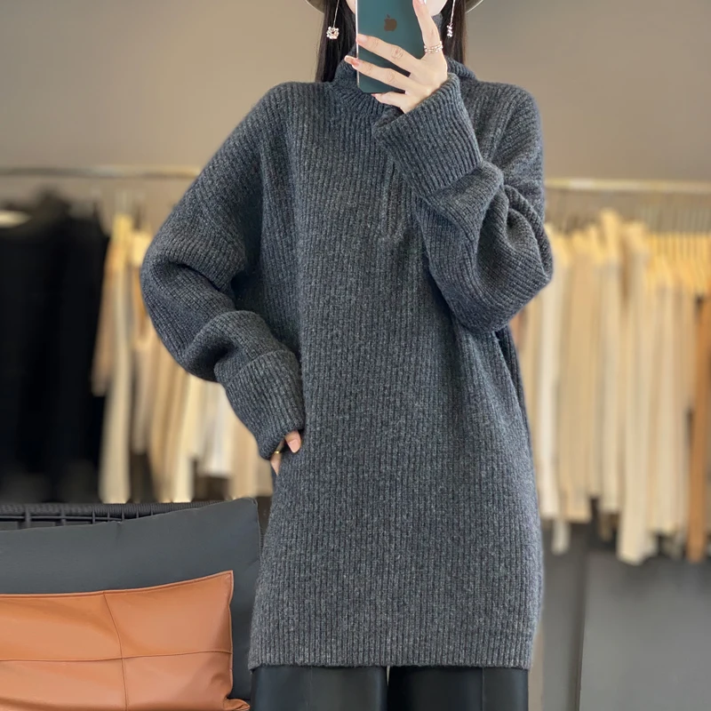 Autumn And Winter New 100% Pure Wool High-End Half Zipper Thickened Women's Turtleneck Medium Long Loose Pullover Sweater