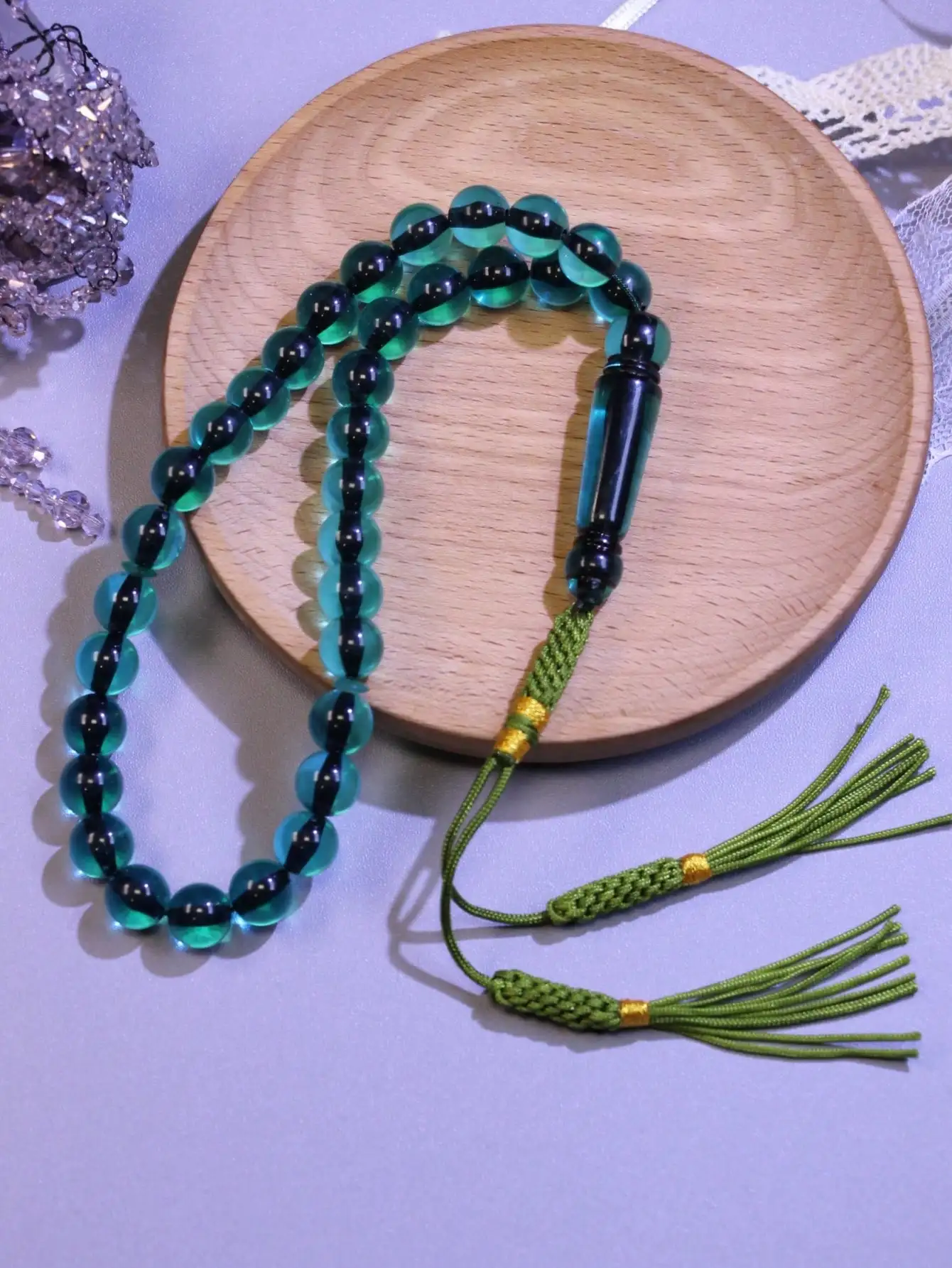 1PC Crystal Green 45Pcs 10mm Tassel Pendant Islamic Prayer Beads Resin Hand Woven Muslim Tasbih Perfect for Eid al-Fitr Ramadan - view 2