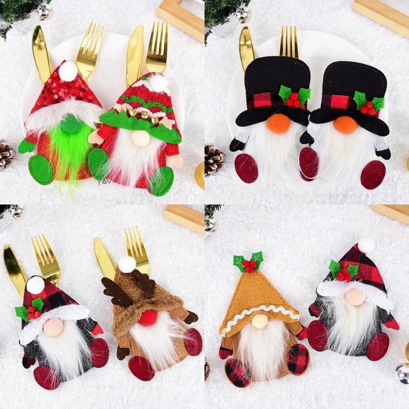 2pcs Christmas Cutlery Holder Bags Santa Snowman Knife Fork Cover Tableware Pockets Bag New Year Dinner Table Christmas Ornament