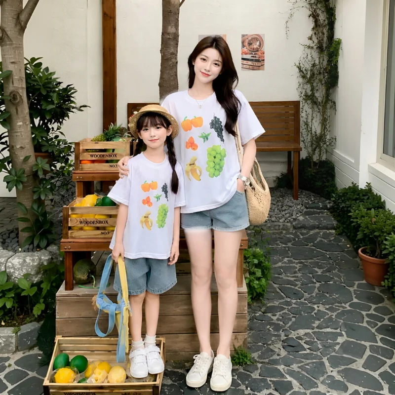 2026 Summer Family Matching T-Shirts Fruit Print Mommy and Me Tees Dad & Kid Casual Tops for Vacation Photoshoot Rompers