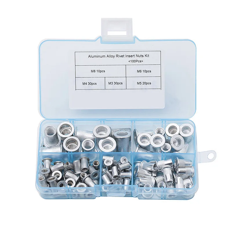 100PCS Aluminum Flat Head Knurled Rivet Nut Set, Metric Blind Rivnuts Nutserts M3 M4 M5 M6 M8 Assortment Kit