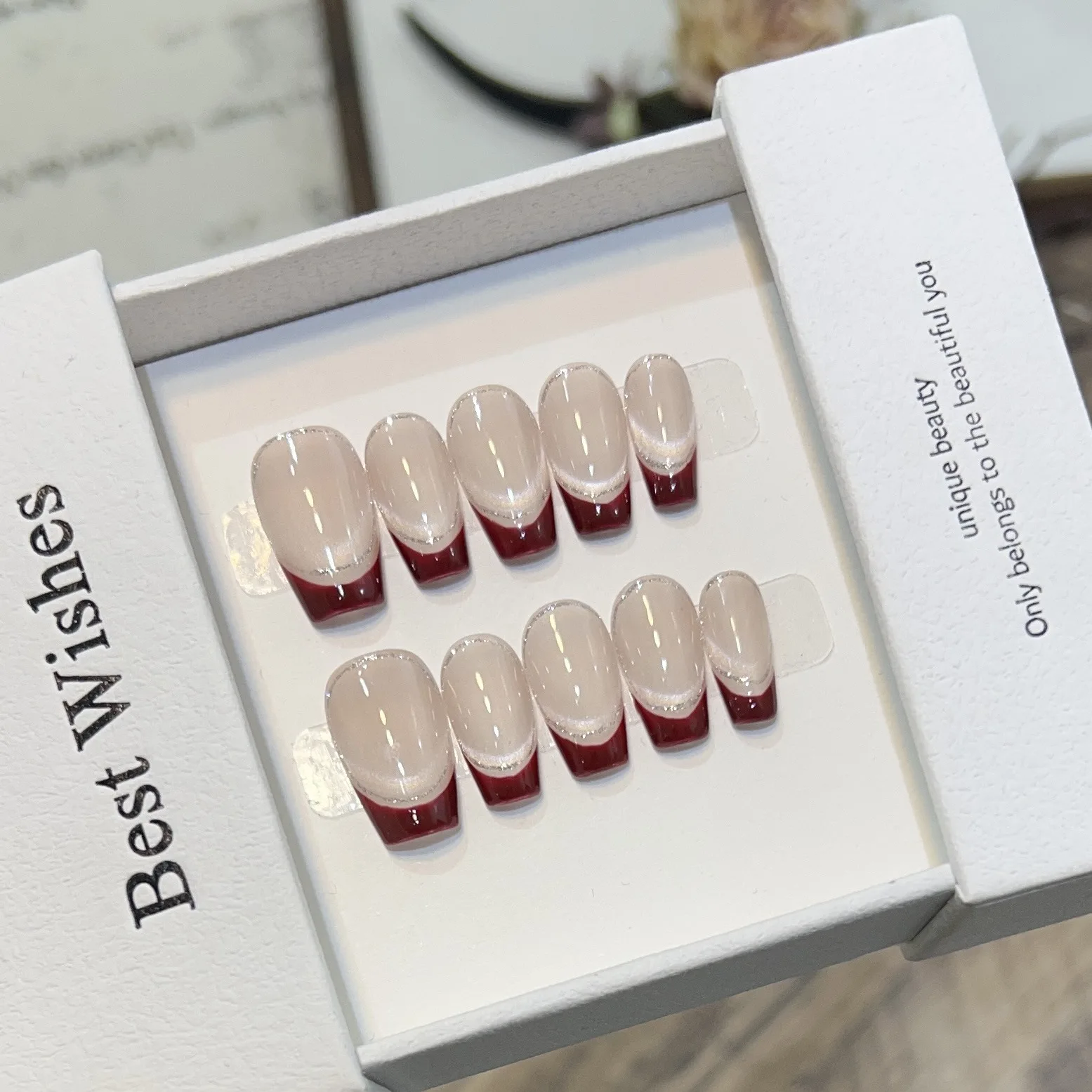

10PC Simple Models Nude Cat Eye Manicure Burgundy French Temperament Models False Nails Patches Removable Wear Nail Short Models