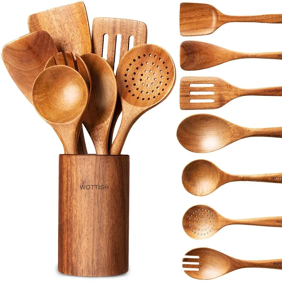 

Spoons for Cooking 8Piece Wooden Kitchen Utensil Set made of Natural Solid Wood Material Includes Spoons, Spatulas, Ladles, Stra