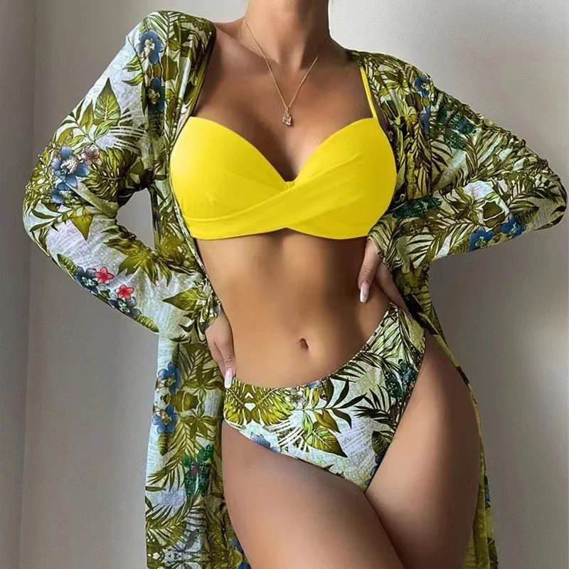 

New Push up Sexy Straps Tulle Three-Piece Swimsuit Printing Two-Piece High Waist Swimsuit Women