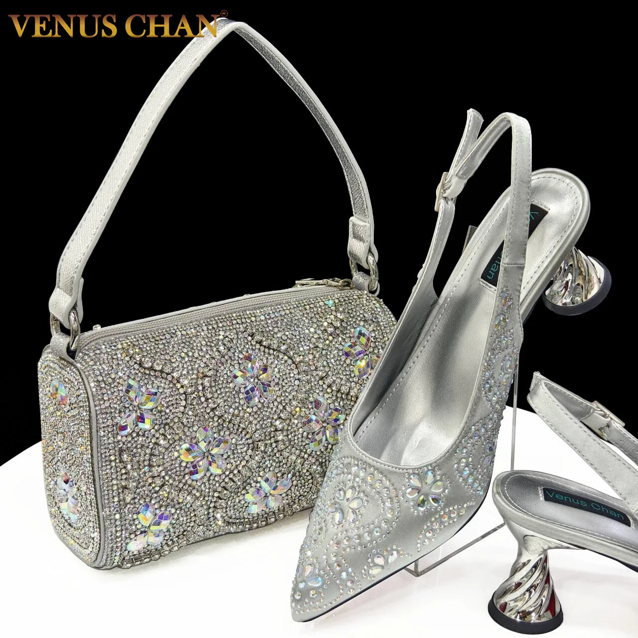 Venus Chan italienisches Design girly Stil Silber Farbe spitzen Zehen Hochzeits schuhe und Tasche voller Diamant Dekoration Kissen beutel