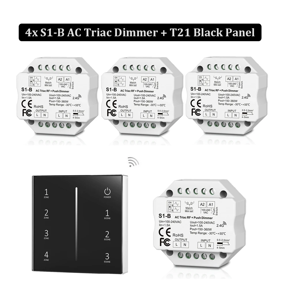 110V 220V 230V AC Triac Dimmer LED Controller 360W 2.4G Wireless 4-zone Touch Panel Remote Control for Single color Strip Light