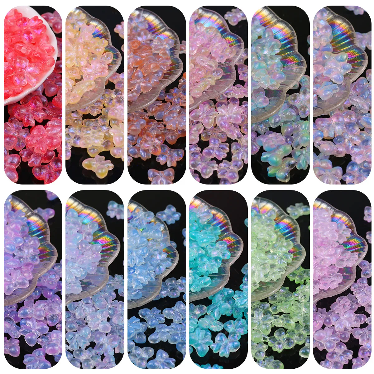 

20pcs 17×15mm Mix Color Gradient Bow Glass Bead Spacer Loose Beads For Jewelry Making Bracelet DIY Keychain Accessories