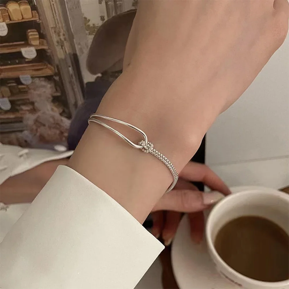 Temperamental Versatile Silvery Plated Knotted Bracelet Half Bracelet Half Chain Alloy Double Layer Bracelet Hand Jewelry