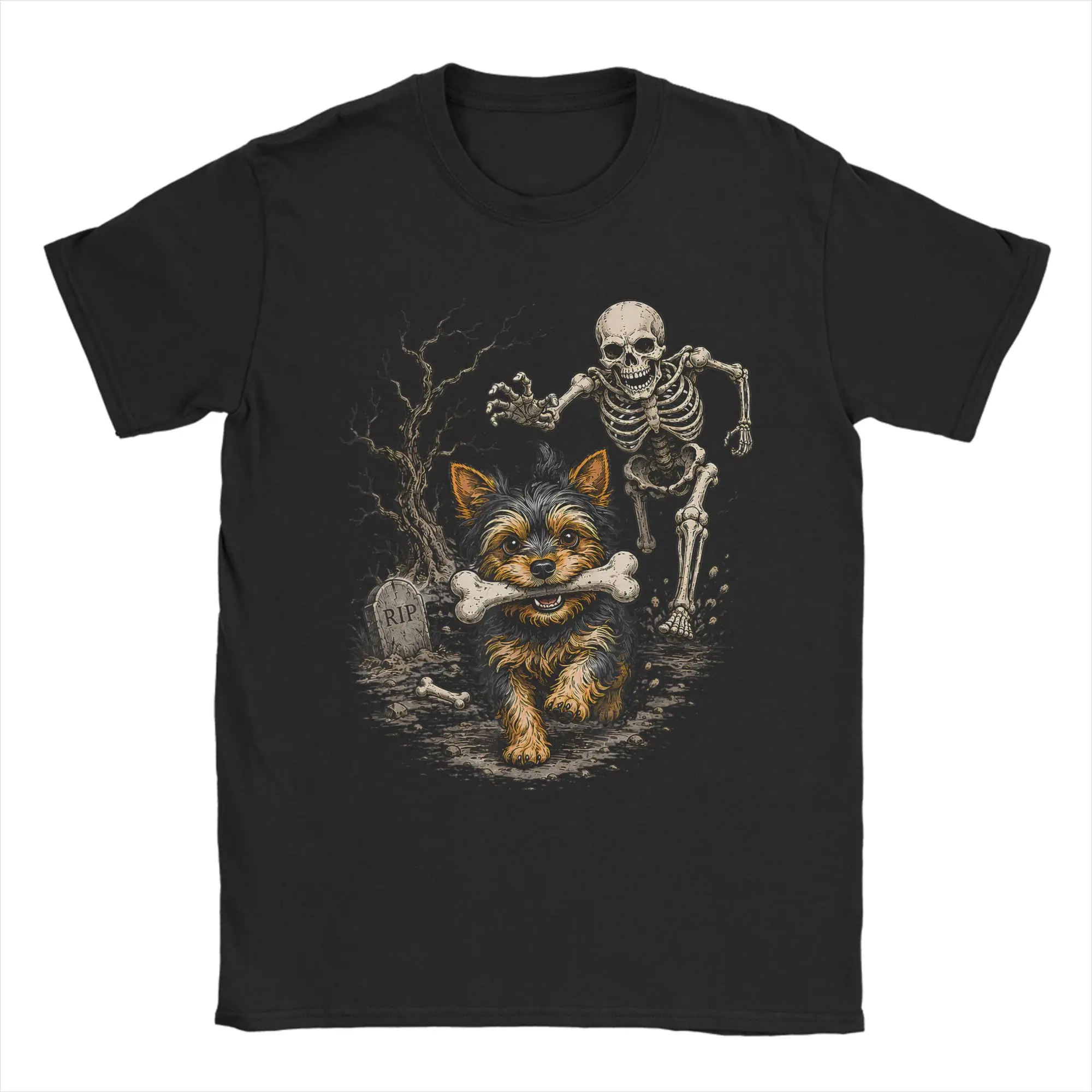 Streetwear T-Shirt Halloween Skeleton Chasing Yorkie Dog Spooky Pet Owner Lover T-Shirts for Mens Short Sleeve Clothing