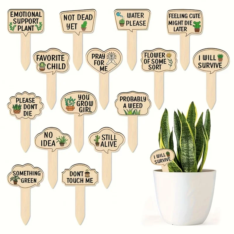 15pcs Funny Plant Markers Wooden Plant Labels with Humorous Sayings for Indoor Outdoor Garden Succulent Pots Decorative Stakes